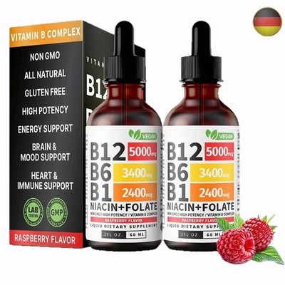 2 Flasche Vitamin B12 und B6 Tropfen B12 Sublingualer B-Komplex Vitamin Himbeere