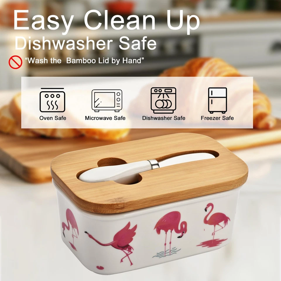 Lindo Plato de Mantequilla Grande Flamencos con Tapa para Encimera, Cubierto de Cerámica... Foto 3 de 4