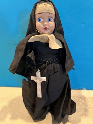 1940s La Madelon Composition Nun Doll Black Habit Holding Crucifix