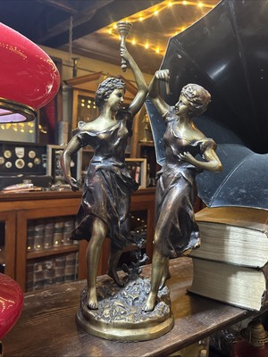 Rare! Bronze E Rancoulet Olympia Sculpture of two Women with Torch 20'' Original