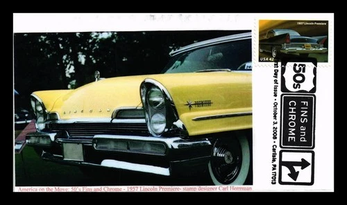 US COVER FIRST DAY OF ISSUE PICTORIAL CANCEL FINS & CHROME 1957 LINCOLN PREMIERE