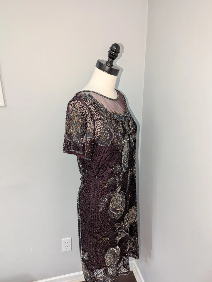 Vestido Pisarro Nights morado con cuentas talla 8 Foto 2 de 4