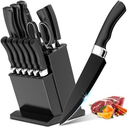 Knife Set, 15-Piece Kitchen Knife Set with Block Wooden German Stainless Steel-image