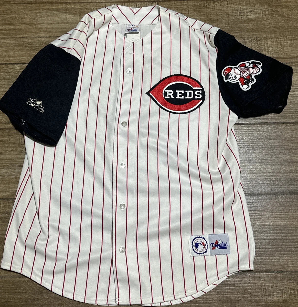 Cincinnati Reds Majestic MLB Baseball White Pinstripe Black Sleeve Jersey Size L