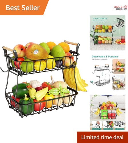 2 Tier Wrought Iron Basket 14.5" Organizer with Banana Hanger Kitchen Storage