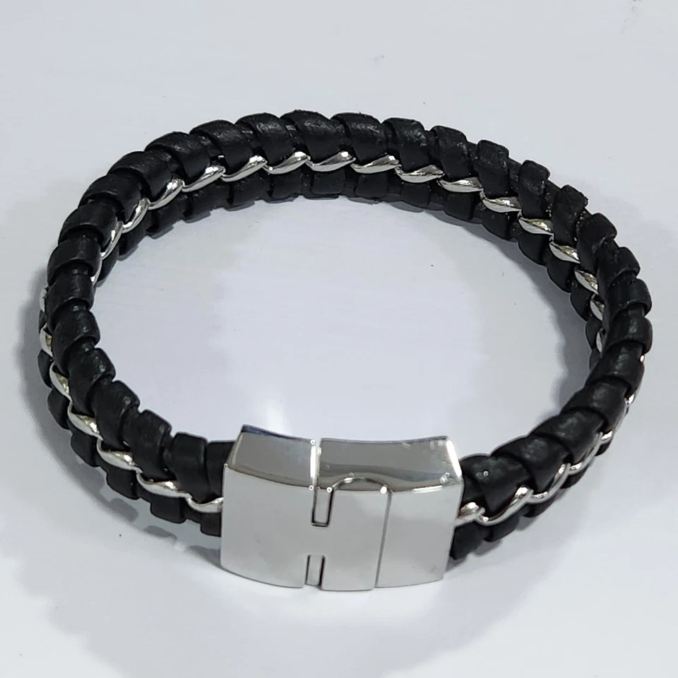 HSN Men's Stainless Steel Link and Woven Black Leather Bracelet - Image 3 of 4