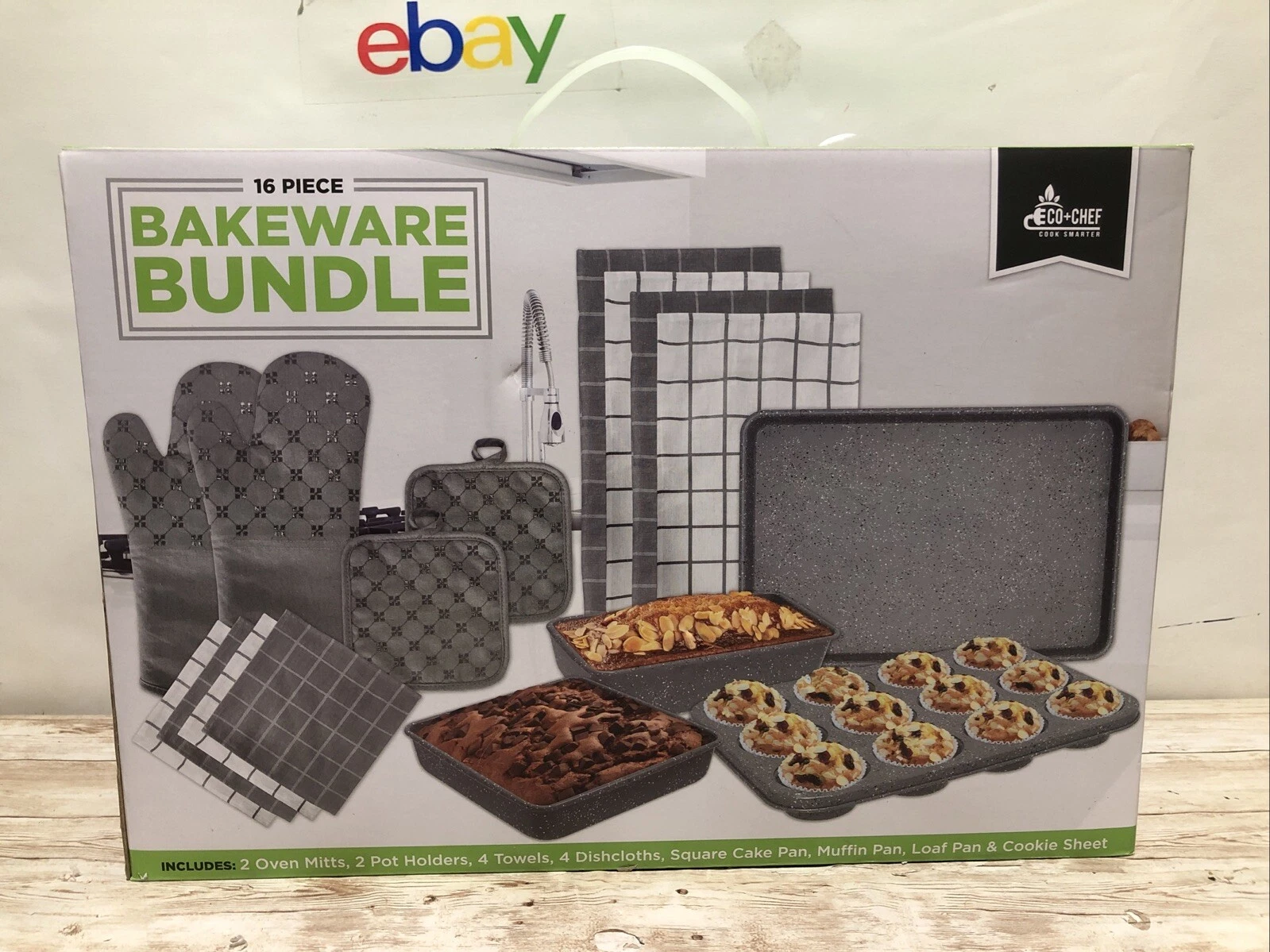 NEW Eco+Chef 16 Piece Bakeware Set Muffin Loaf Cake Pan Cookie Sheet Mitts Nice