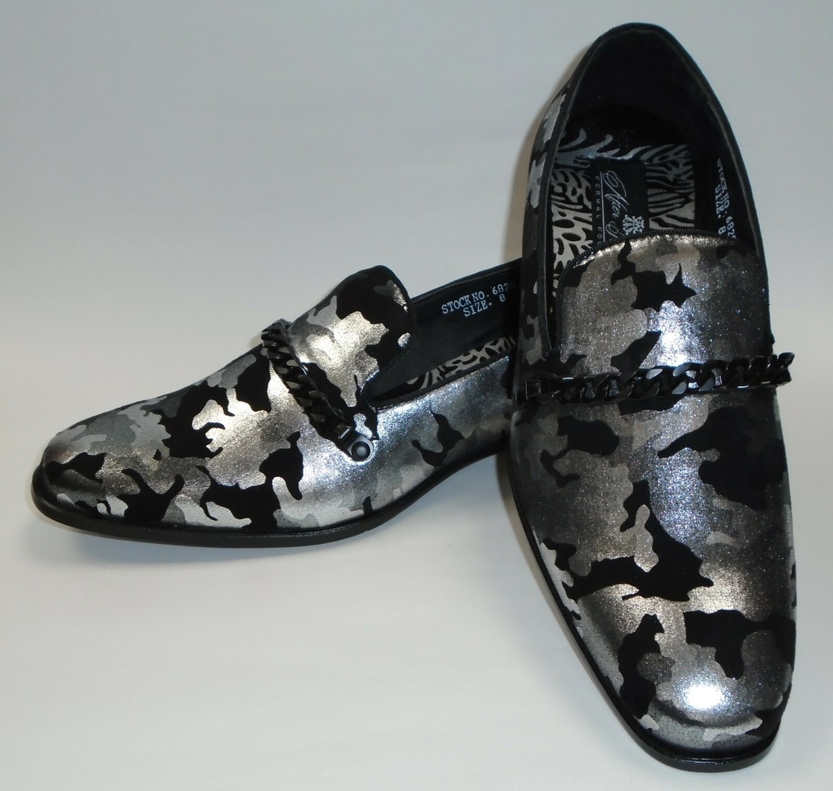 AM 6828 S Mens Fancy Dress Loafers Shoes Mega Silver Black Camo Fatigues  Pattern
