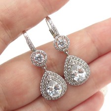 925 Sterling Silver Round Pear-Cut C Z Dangle Teardrop Earrings
