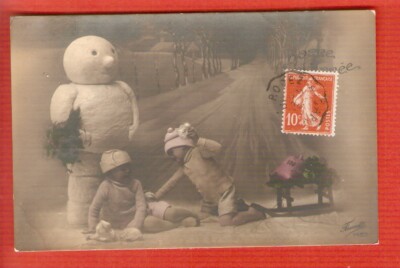 KINDER im SCHNEE Postkarte cpa Foto / GUTES NEUES JAHR