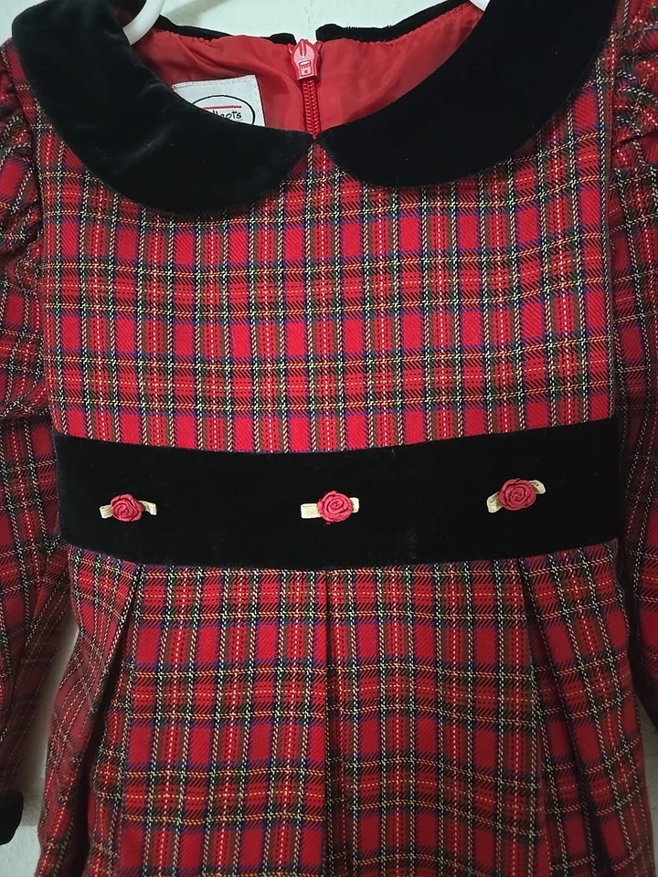 Vestido de Navidad Vintage Bebé Niña Talla 3T Rojo Cuadros Negro Terciopelo Cuello Talbots Foto 2 de 4