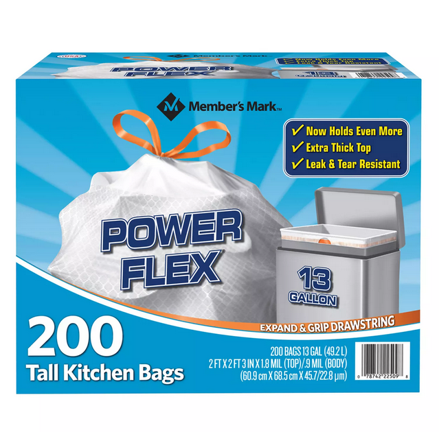 Member's Mark Power Flex Tall Kitchen Drawstring Trash Bags (13 gal