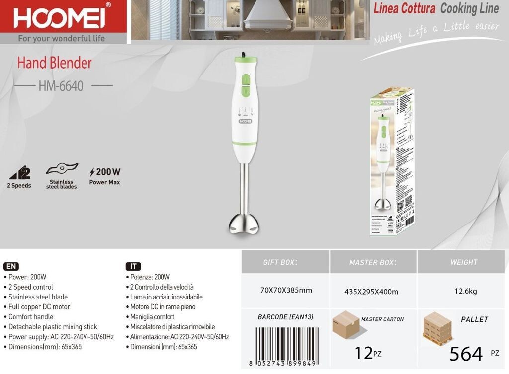 Frullatore a Immersione 200W HOOMEI HM-6640 Mixer con Lame Inox 2 Vel