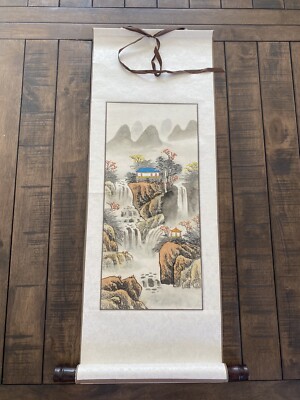 JAPANESE WATERCOLOR SCROLL ART Painting Landscape #1084 VINTAGE