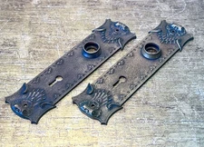 Pair Victorian Gothic Cast Brass Ornate "Ideal" B8931 Doorknob Escutcheon Plates