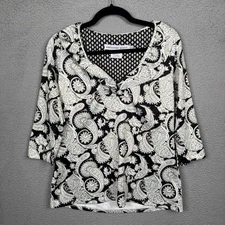 Gretchen Scott Top Womens L Black White Paisley Floral Modest Office Boho Travel