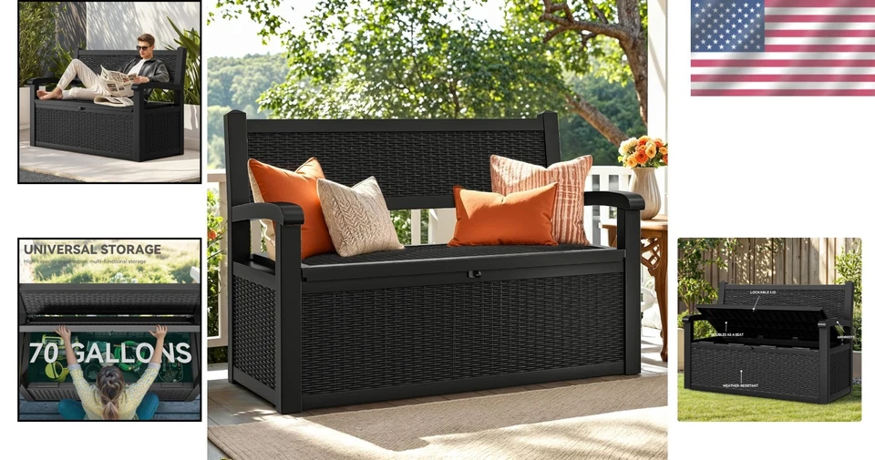 Elegante banco de almacenamiento moderno de 70 galones con reposabrazos - perfecto para patio y piscina Foto 2 de 4