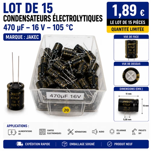 Lot of 15 capacitors 470μF 16V JAKEC not 5.08mm 105°