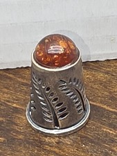 Art Noveau Sterling Silver Thimble Amber Gemstone Top Ferns Leaves Over 1" Tall