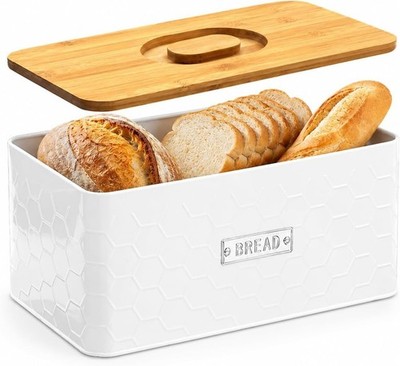 2-in-1 White Bread Box with Bamboo Lid Metal Storage Bin & Built-In Cutting Boar