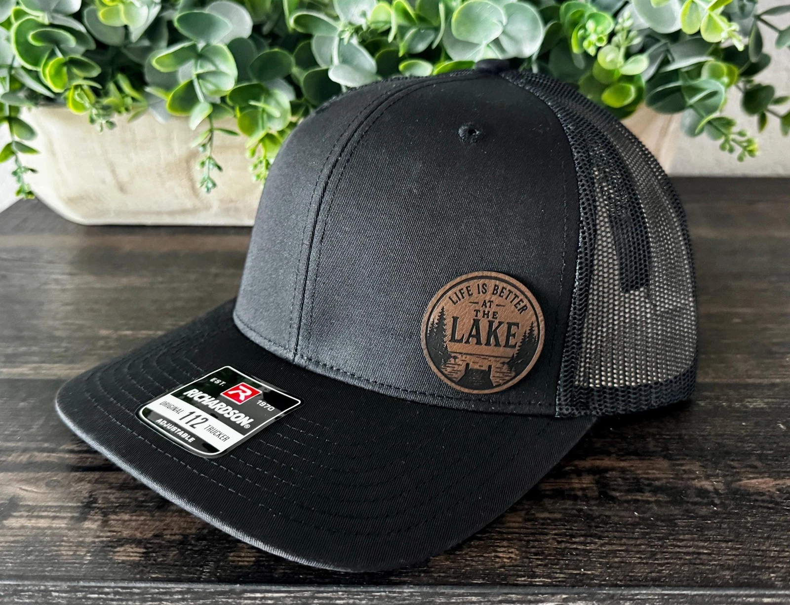 Life Is Better At The Lake Leather Patch Snapback Trucker Hat Lake Dock Scene