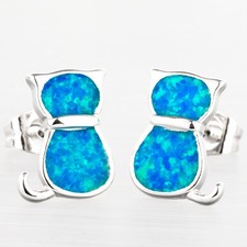 Kitten Cat Ocean Blue Fire Opal Silver Jewelry Stud Earrings