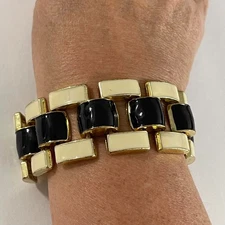 black cream enamel bracelet jewelry costume fashion link gold tone