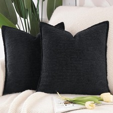 Image of Madizz Pack of 2 Chenille Velvet Cushion Covers 45x45 cm Black Soft Neutral Dec