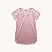 Vintage Pink Nylon Nightgown Lace Trim Sleepwear Cottagecore MEDIUM