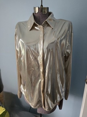 NWT Anthropologie Women's M Iridescent Liquid Look Silver Button Down
