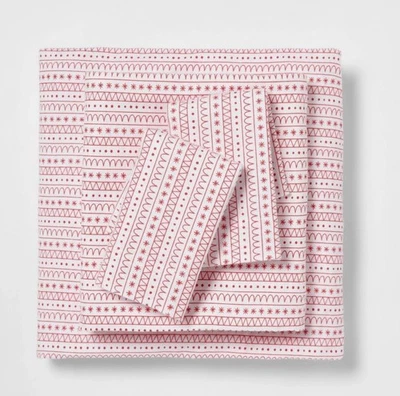 WONDERSHOP Holiday Flannel Sheet Set FULL Size 100% Cotton Red Snowflake Designs White 4 Pc