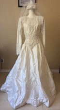 Vintage 80s Silk Wedding Dress Pearl Beaded Long Sleeve Bridal Gown 10 Ivory