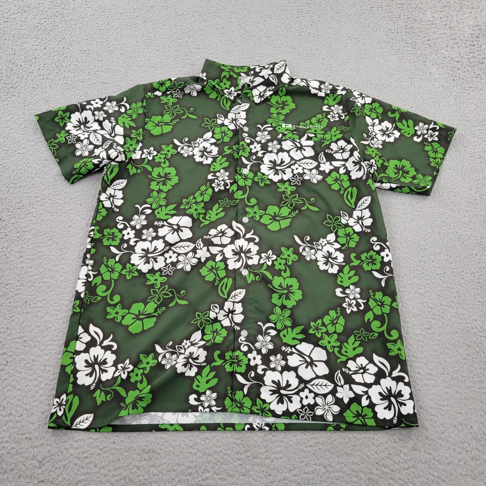 Paycom Hawaiian Shirt Mens Small Green Floral Hibiscus Button Up Party Employee