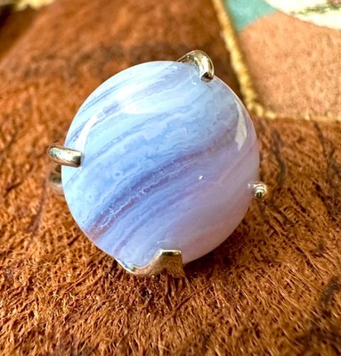 Chalcedony Blue Lace Agate LARGE Ring .925 Sterling  Size 9 WATCH VIDEO NOW