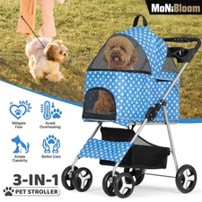 Foldable Pet Stroller 4 Wheels Dog Stroller w/Cup Hold&Removable Travel Carrier