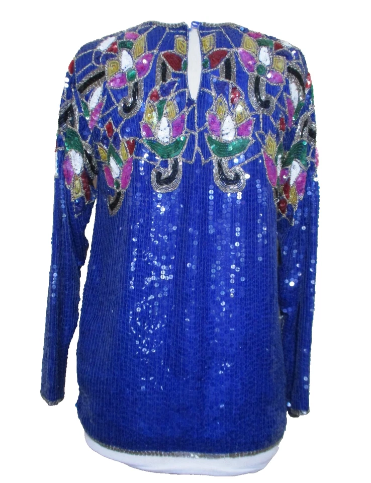 Top Vintage Años 80 Lentejuelas Azul Seda Manga Larga Diseño Multicolor M Mujer Foto 4 de 4