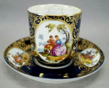 Dresden Hand Painted Courting Couple Cobalt & Gold Demitasse Cup & Saucer