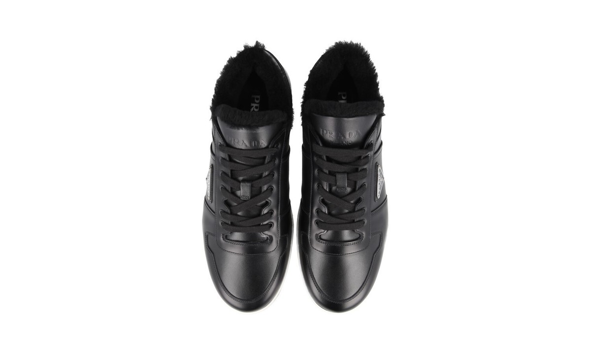 PRADA Leather Downtown Shearling Fur Sneakers 2EE364 Black NEW
