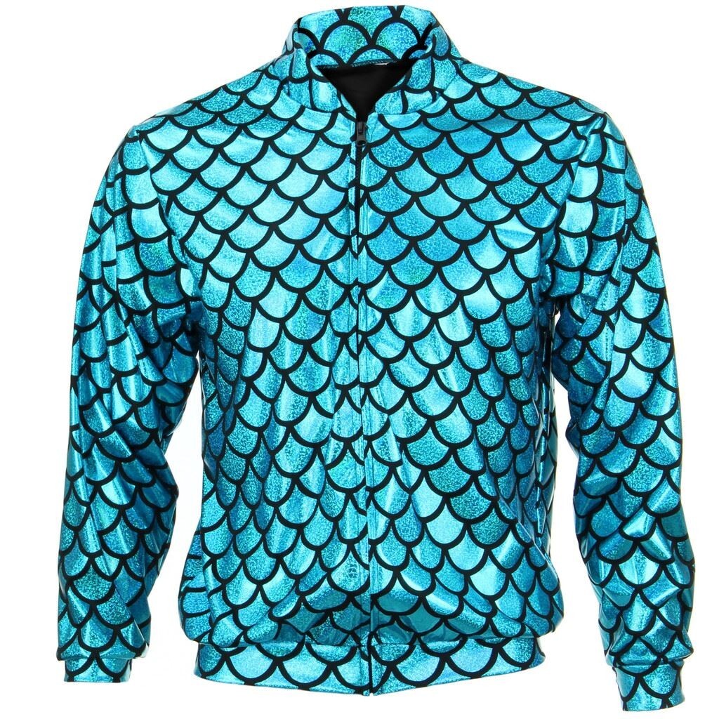 Unisex Brillante Bomber Chaqueta Disfraz Top Peces Escala Sirena Oro Plata
