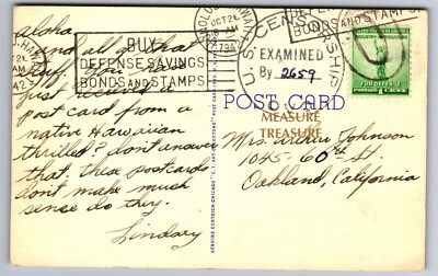 1942 READ MESSAGE! WW2 HAWAII SURF RIDING WAIKIKI HONOLULU CENSOR Postcard P77
