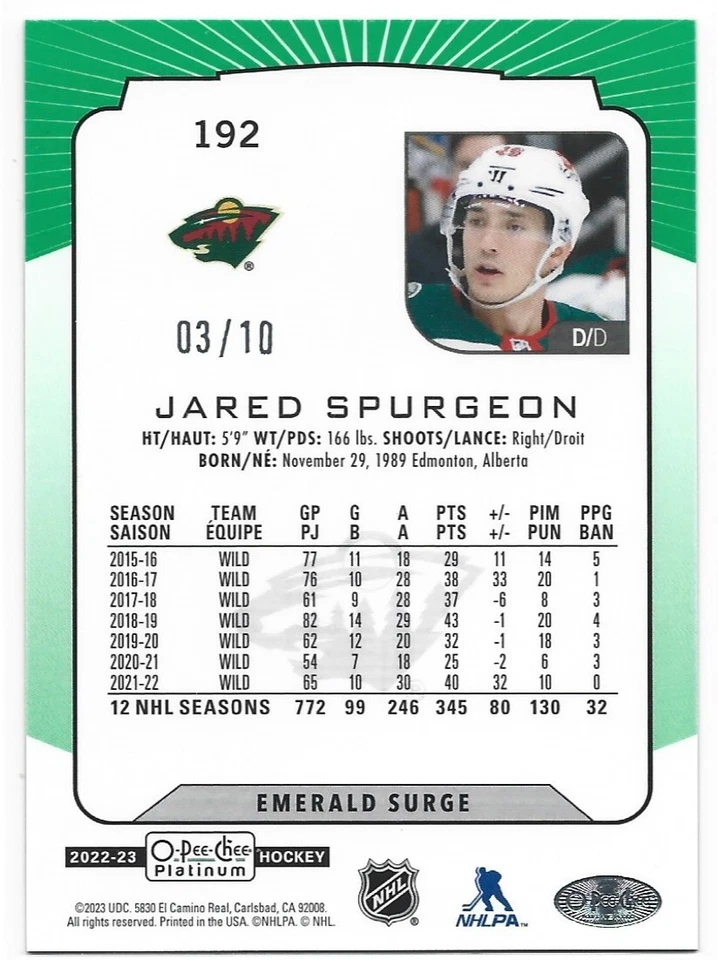 2022-23 O-Pee-Chee Platinum Jared Spurgeon Emerald Surge #192 03/10 - Image 2 of 2
