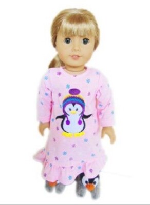 Nightgown, Soft Pink Snowflake & Penguin Nightgown, for 18-Inch Dolls