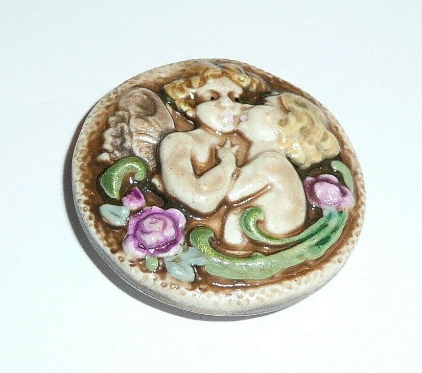 Adorable Cherubs Large Art Stone Shank Button 1-5/16" Cherubs Hugging Flowers - Image 3 of 4