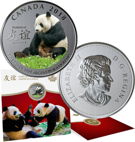 2018 Panda Peaceful Friendship Gift $8 Pure Silver Coin Canada - Afbeelding 1 van 4