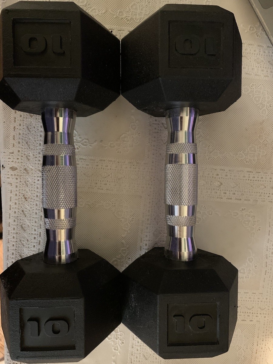 10LB Rubber Hex Dumbbell Pair - Chrome Knurled Handle Weight Set For Home Gym