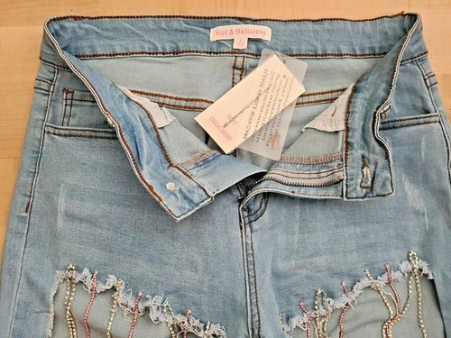 Hot & Delicious Denim Jacket Vest Pants Matching Holes Rhinestone Fringe Large L - Picture 8 of 11
