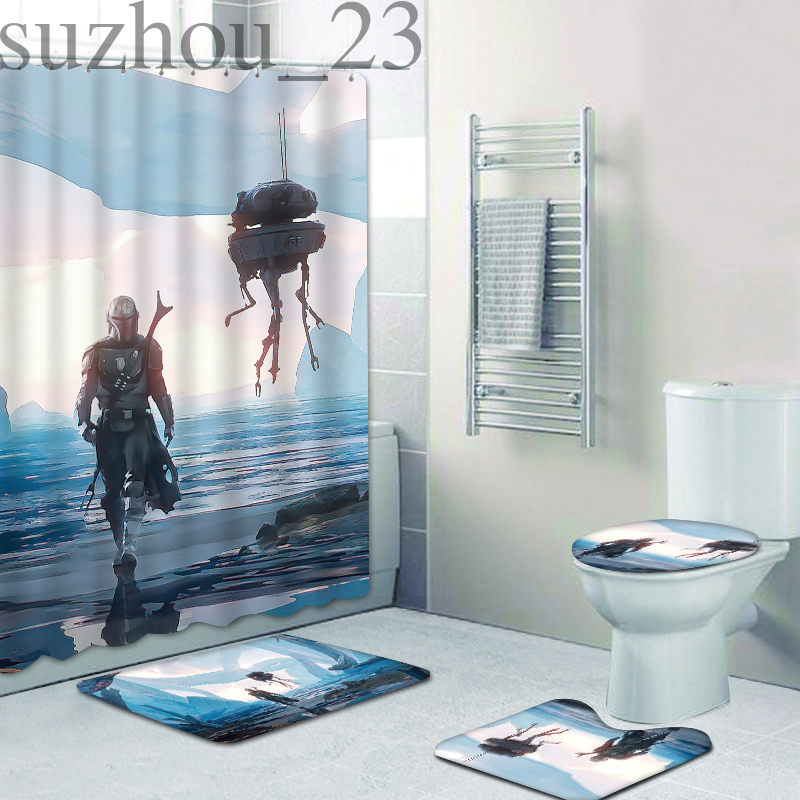Mandalorian Bathroom 4PCS Mat Shower Curtains NonSlip Rugs Toilet Lid