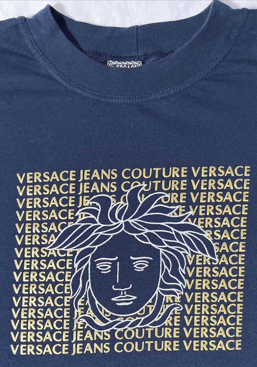 VERSACE JEANS COUTURE ネイビー Tシャツ XS GENUINE VERSACE Silver And Gold Medusa Tshirt Mens Size L Navy