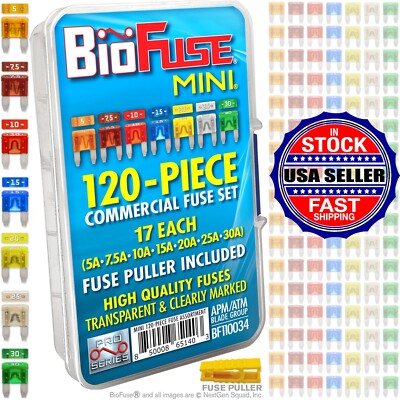 BioFuse  Mini 120 Piece Assorted Fuse Pack *Set of 120 Blade Fuses + Fuse Puller