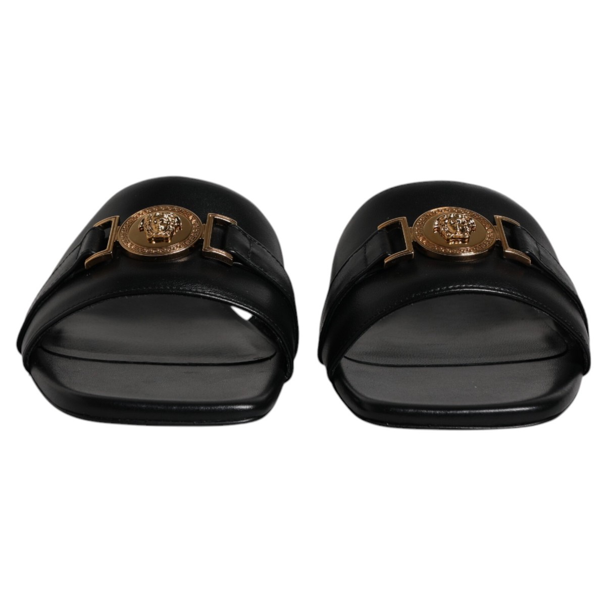 VERSACE Shoes Black Leather Logo Plaque Slip On Slides Flats